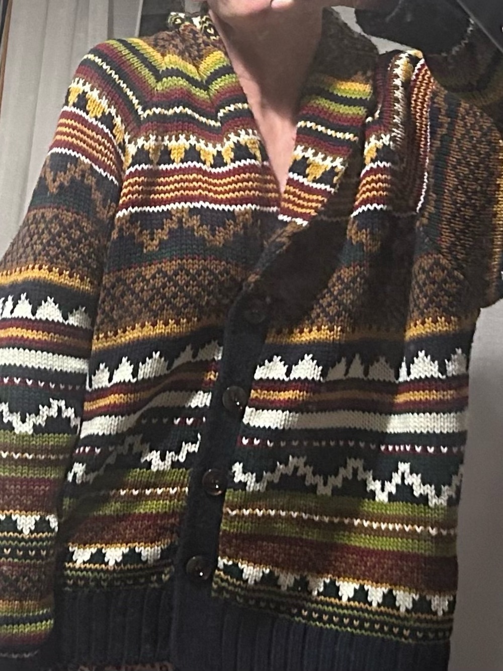 Shawl-Collar MAINFRAME Fair Isle Cardigan Sweater - Multicolor Brown & Green